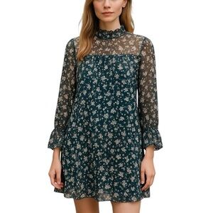 ZARA Dark Floral Mini Dress Sz.L Black Chiffon Bell Sleeve Romantic Coquette
